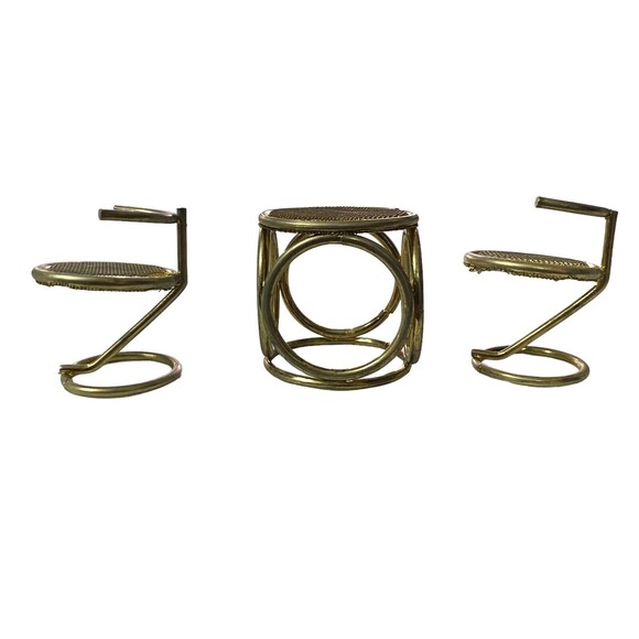 Vintage Brass Dollhouse Furniture 1 Table 2 Chairs Mesh Gold Furniture - Picture 5 of 8